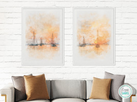 Watercolor Printable Wall Art, Set of 2 Orange Prints, Sunset Painting Bundle - £4.38 GBP