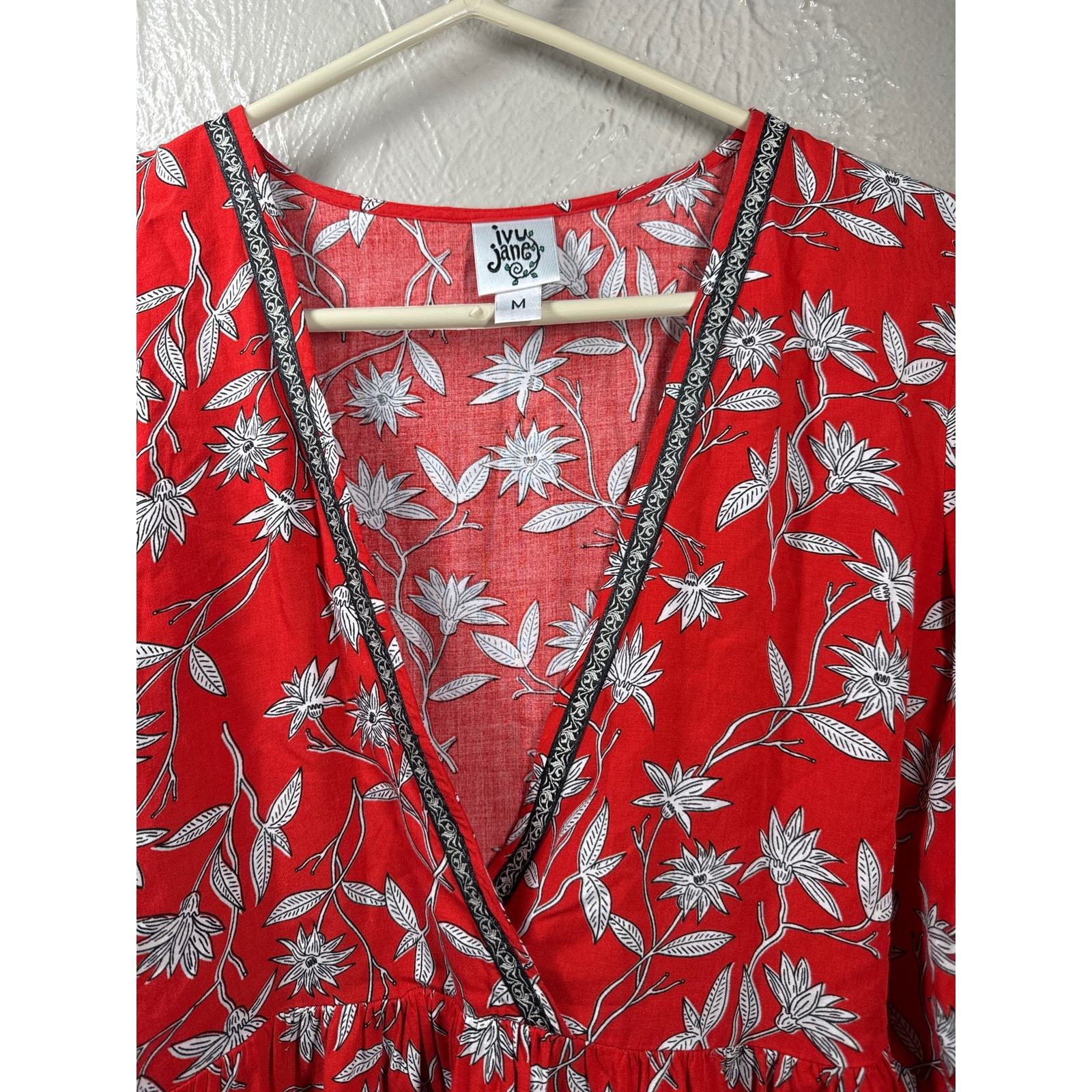 Ivy Jane Womens Red Floral Boho Peasant Long Sleeve V Neck Top Size Medium Item image 2