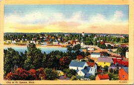 Birds Eye View St Ignace Michigan MI UNP Unused Linen Postcard L1 - $3.51