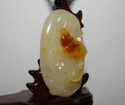 YW 2.6&quot; China Certified Nature Yellow Dragon Jade Wealth Rat and Bat Pendants - £62.49 GBP