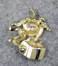 Vintage AJC Holiday Christmas Teddy Bear Gold Tone Brooch Pin Present Candy... - $9.48