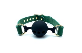 Green Leather &quot;Mona&quot; Ball-Gag with Gold Hardware, Breathable Gag, Bondage, BDSM - £46.86 GBP