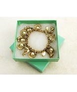 Gold Tone Charm Bracelet, Pearls &amp; Roses, Curb Link, Fold-over Clasp, #J... - $20.10 CAD