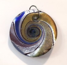 Dichroic Glass Pendant Charm Round Blue Silver Yellow Brown 1.5&quot; - £9.43 GBP