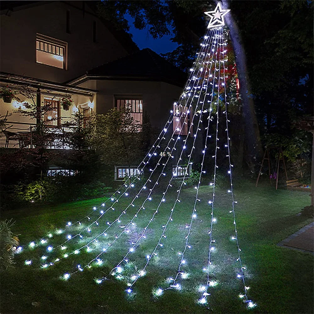 Solar Outdoor  String Lights 350 LED Waterfall Christmas Tree Lights with Topper - £115.88 GBP