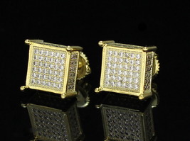 Mens Iced Square Studs 14k Gold Plated MicroPave Cz Screw Back Earrings Hip Hop - £11.98 GBP