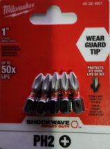 Milwaukee 1&quot; 5 Pack Impact Bits Shockwave PH2  48-32-4601 - $7.91