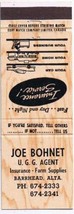 Matchbook Cover Barrhead AB Joe Bohnet Insurance Service - $0.98