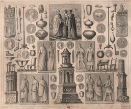 ca 1850 Original Steel Engraving Artifacts Roman Empire Heck Winkles Decoration - £14.45 GBP