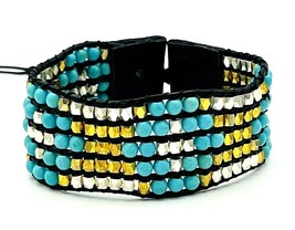 Beaded Turquoise Silver Gold Pyrite Nugget Black Leather Cuff Bracelet - £11.07 GBP