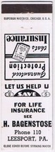 Matchbook Cover H Bagenstose Life Insurance Leesport Pennsylvania  - £1.57 GBP