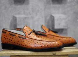 Handmade Ostrich Tan Tussles Leather Loafers Shoes For Men’s - $149.99