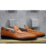 Handmade Ostrich Tan Tussles Leather Loafers Shoes For Men’s - $208.09 CAD