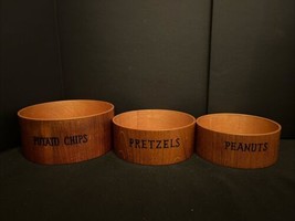 Vtg Mid Century Teak Wood 3 Pc Nesting Snack Bowl Set Pretzels Peanuts Chips - £13.42 GBP