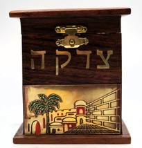 Vtg Dark Brown Wood &amp; Gold Tone w/ Red &amp; Green Enamel Accents Tzedakah Box - £15.77 GBP