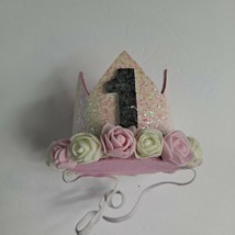 First Birthday Girl Crown Hats Party Celebration White Glitter roses bab... - $12.87