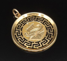 18K GOLD - Vintage Etched Viking Sailboat Ship With Maze Cutout Pendant ... - £424.40 GBP