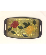 Vintage Shirokiya Japan serving tray gold red yellow flowers black handles - $12.00