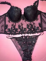 NWT Victoria&#39;s Secret longline 36B BRA SET+XL panty BLACK satin floral A... - £70.05 GBP