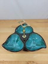 Vtg California Pottery USA Divided Candy Nut Dish 3 Part Handle Blue Green Drip - £23.59 GBP