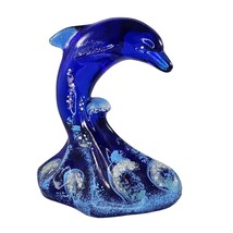 Fenton Art Glass Figurine Cobalt Blue Dolphin On Wave 4&quot; Signed Hand Painted - £86.20 GBP