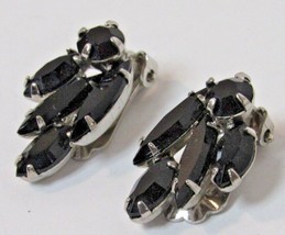 Vtg Pair Black Rhinestone Silver Tone Clip-on Earrings 1&quot; Marquise &amp; Rou... - £19.97 GBP