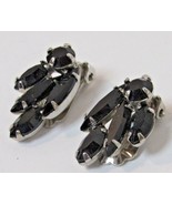 Vtg Pair Black Rhinestone Silver Tone Clip-on Earrings 1&quot; Marquise &amp; Rou... - £19.65 GBP