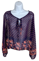 Sheer Floral Navy Blue Casual Blouse Long Sleeve Flowy Office Top w/ Str... - £15.14 GBP