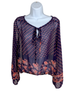 Sheer Floral Navy Blue Casual Blouse Long Sleeve Flowy Office Top w/ Str... - €16,61 EUR