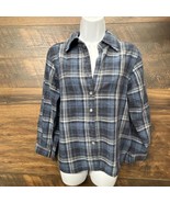 Pendleton Cropped Shirt Blue Navy &amp; Gray Plaid Windowpane Medium Side Slits - $45.47 CAD