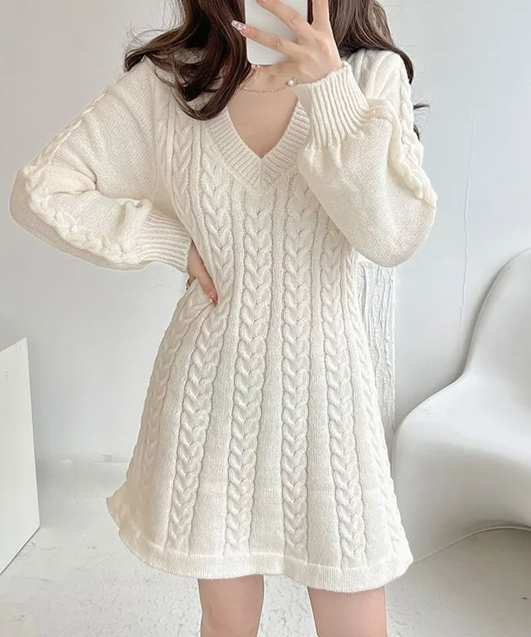 Ivory V-Neck Braid Knit Dress - $44.99