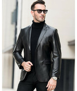Men&#39;s Genuine Lambskin Leather Blazer Jacket Two Button Black Slim fit C... - $137.03 CAD
