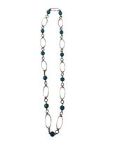 Vintage Teal Beaded Necklace Silver Tone Oval Link Necklace 30” Boho Sta... - $21.60
