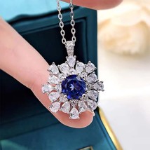 Lab Created Blue Sapphire &amp; Diamond 14K White Gold Plated Flower Necklace 18&quot; - £68.61 GBP