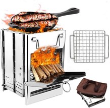 Camping Wood Burning Stove With Grill, Collapsible Backpacking, Sliver-S... - $37.99