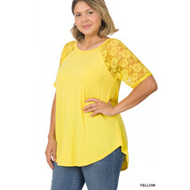  Plus Size Blouse   Short Sleeve Lace Detail Relaxed Fit - Yellow Summer... - £19.90 GBP