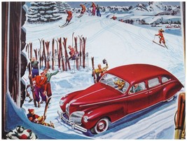 8877.Red car in snow.people in ski resort.POSTER.art wall decor graphic art - £13.66 GBP+