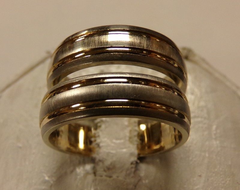 14k White Yellow Gold Matching Wedding Bands His 9.5 Sz 9.25 Hers Textured 13.6g - £598.12 GBP