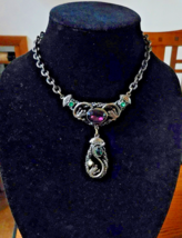 VICTORIAN Choker Style Necklace Snakes Amethyst Dangle Ornate Chain Mid-Century - £117.91 GBP