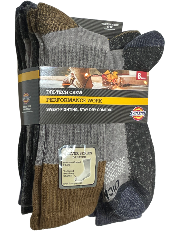 Dickies Dri-Tech Crew Socks Performance Work Silver Series 6 Pair Assorted