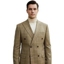 Men's Mono Double Breasted Blazer Super 180s Wool 1523-05 Camel Brown Plaid image 2