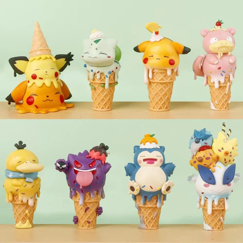 Pokemon 8pcs/set Anime Sweet Cone Ice Cream Doll Pikachu Bulbasaur Psyduck PVC - £31.18 GBP