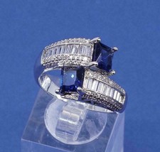 6.0CT Simulated Sapphire Princess Cut &amp; Band Ring 925 Silver Gold Plated - £77.86 GBP