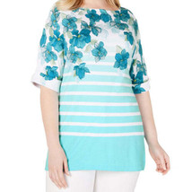 Karen Scott Womens Plus Size Printed Boatneck Top Size 0X Color Pacific Aqua - $20.74