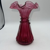 Fenton Wheat Vase Art Glass Cranberry Red Ruffled Edge 7.25 Vintage - £29.49 GBP