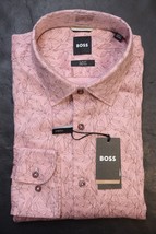 HUGO BOSS Herren Hank Soft Slim Fit Blattaufdruck Stretch Baumwollkleid Hemd 41 - £51.53 GBP