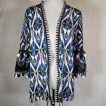 Chicos Ikat Fringe Cardigan Womens Sz 2 Black Blue Green 3/4 Sleeve Breathable - $39.99