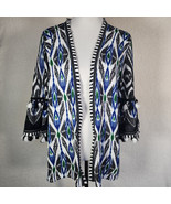 Chicos Ikat Fringe Cardigan Womens Sz 2 Black Blue Green 3/4 Sleeve Brea... - $39.99