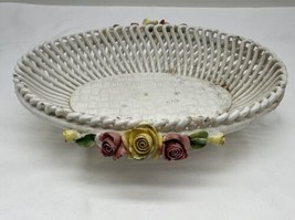 Capodimonte Trinket Basket Oval Dish Lattice With Pink And Yellow Roses Italy - £65.44 GBP