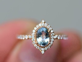 2Ct Oval Cut CZ Aquamarine Halo Vintage Engagement Ring 14K Yellow Gold Finish - £123.88 GBP